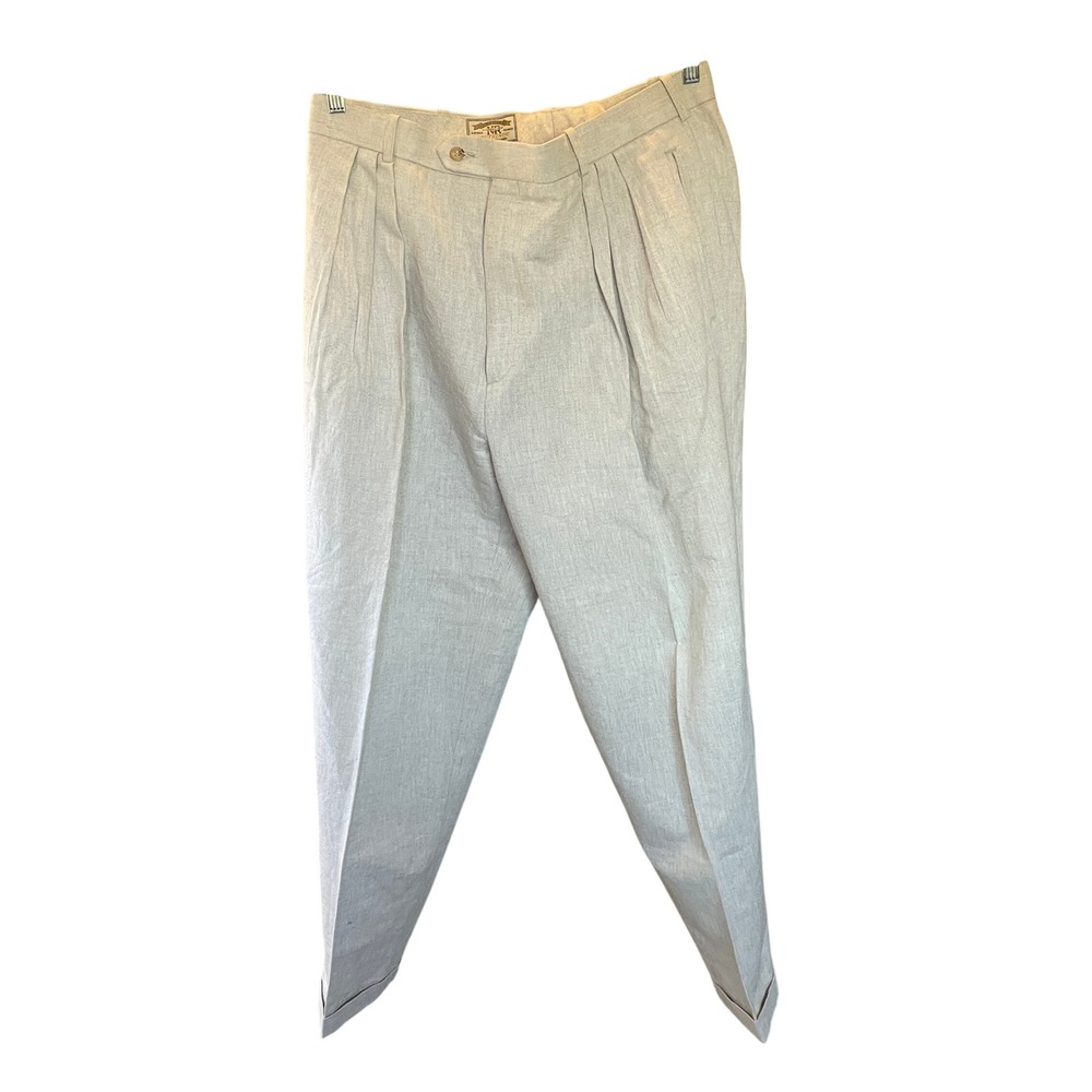 Vintage Y2K Mens Linen Cotton Blend Pleated Trousers Khaki 36W Wedding‎ Coastal